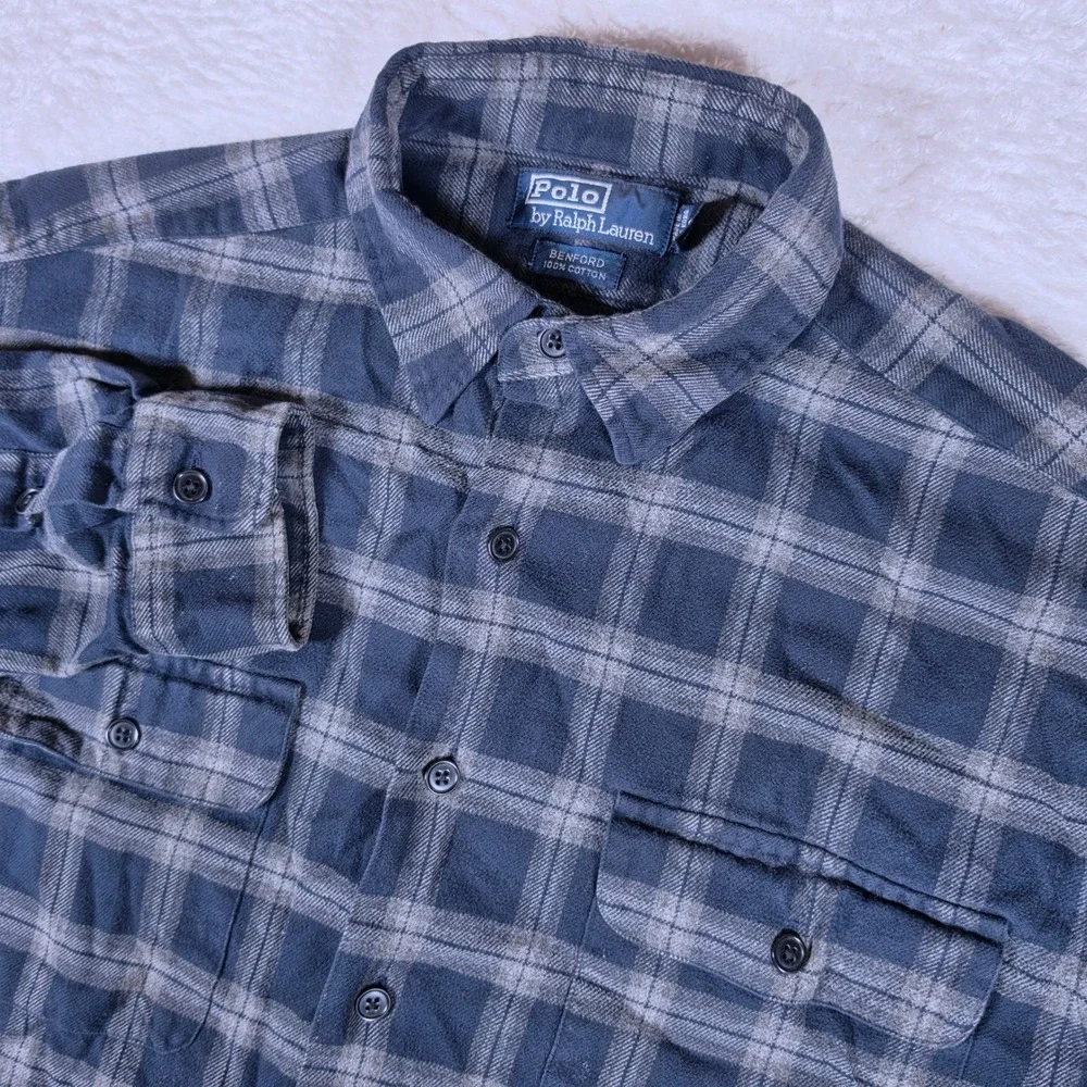 Polo Ralph Lauren Benford Mens M Navy Blue Beige Plaid L/S Flannel Button Down